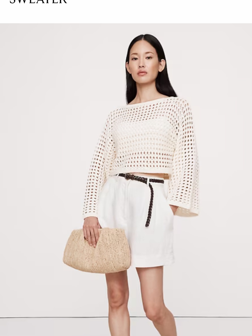 Banana Republic Black Crochet Openwork cropped Crewneck Sweater, bell sleeve NWT - Picture 5 of 10